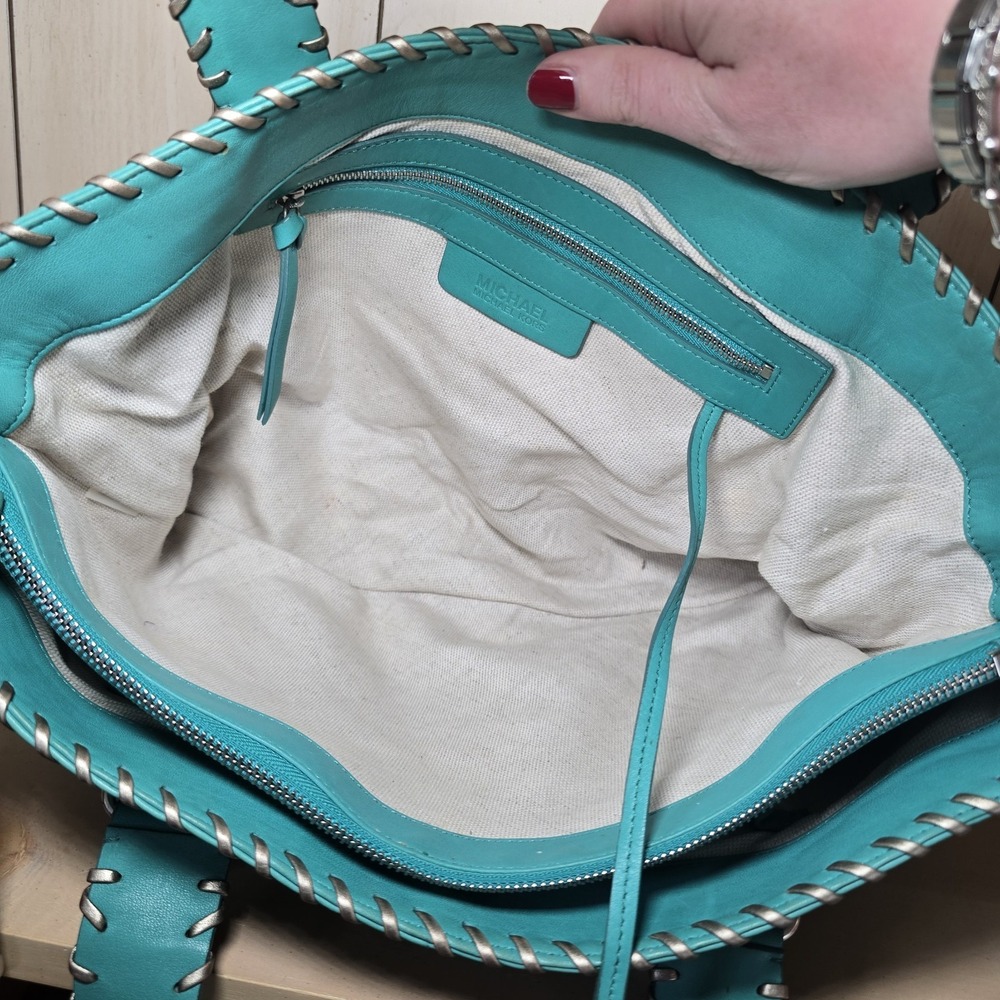 Vtg Y2k Rare Michael Kors Teal Woven Whipstitch Leather Satchel Shoulder Handbag - Picture 7 of 15
